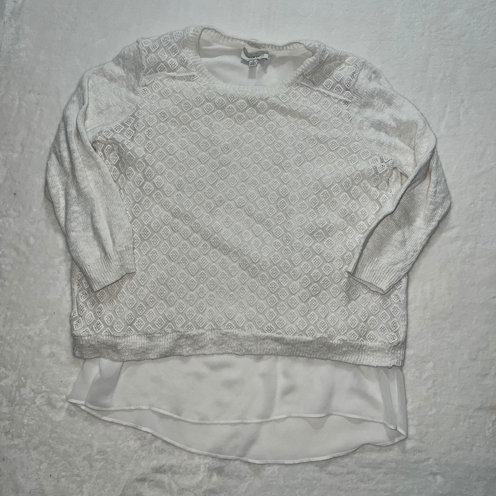 Lucky Brand Cream Open Knit Split Back Layered Top Womens Medium Cottagecore